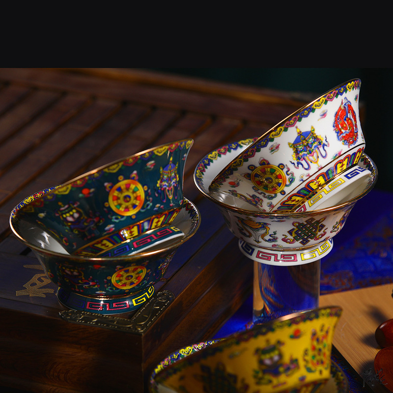Inner Mongolia Bowl with Mongolian Element Pattern Porcelain Bowl, Ethnic Minority Restaurant Pattern, Xizang Grassland Tall Return Gift