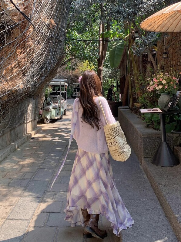早秋氛围感云南大理丽江川西旅游穿搭紫色系不规则吊带连衣裙子女|undefined