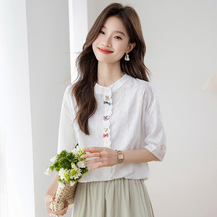French Embroidered Short-sleeved Shirt Women's Summer 2025 New Loose Vertical Collar Small Shirt Unique Beautiful Mid-sleeved Top