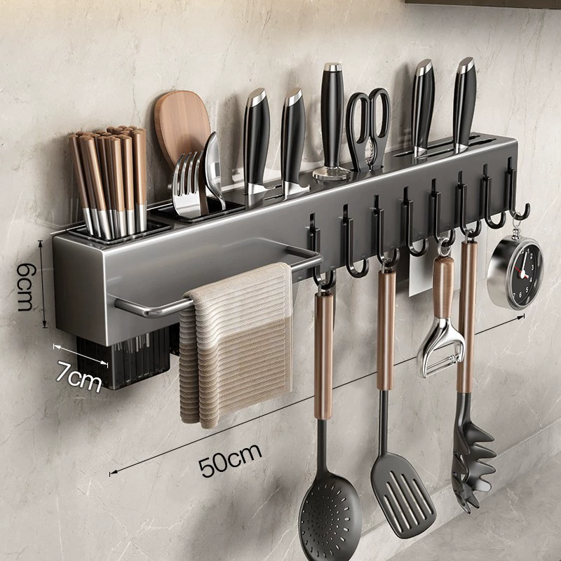 Universal Stainless Steel Knife & Chopstick Storage System – Multi-Layer Wall Rackwith Hooks