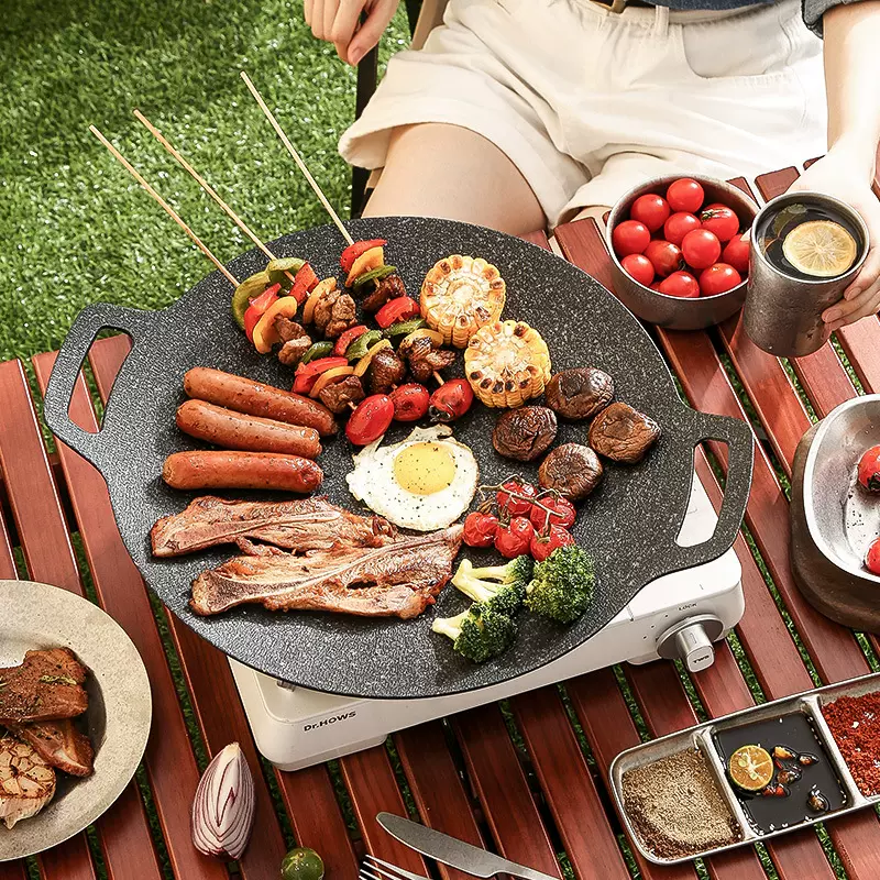 韩国户外麦饭石烤肉盘烧烤盘韩式烤肉锅铁板烧明火烤盘家用不粘
