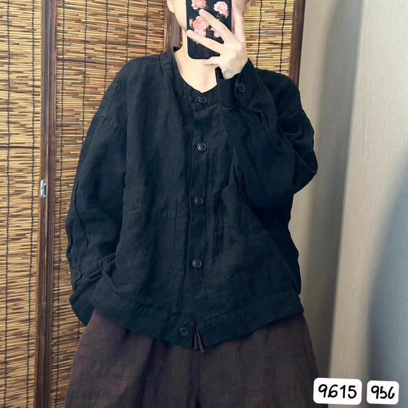 新品复古亚麻复古宽松文艺纯色减龄开衫休闲衬衫外套|undefined