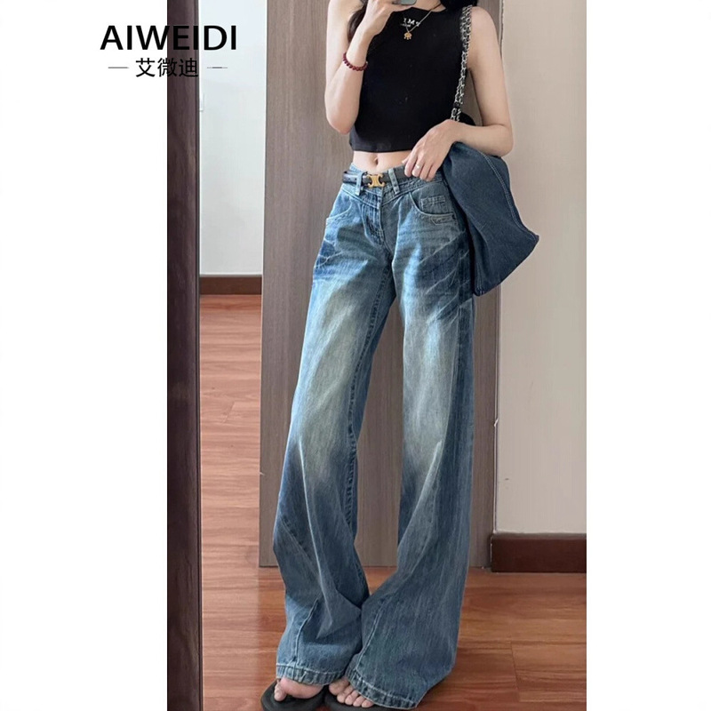 Vintage Washed Blue Wide-Leg Jeans for Women, Autumn Thin Style, American High Street Style, Low-Waist Loose Straight-Leg Floor-Length Pants Vintage Washed Blue Wide-Leg Jeans for Women, Autumn Thin Style, American High Street Style, Low-Waist Loose Straight-Leg Floor-Length Pants
