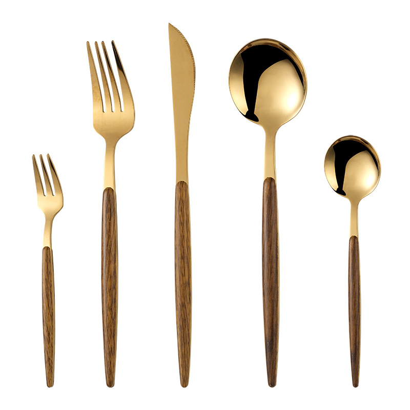 Stainless Steel Flatware Set With Wood Grain Handle 4 Piece_voghion.com