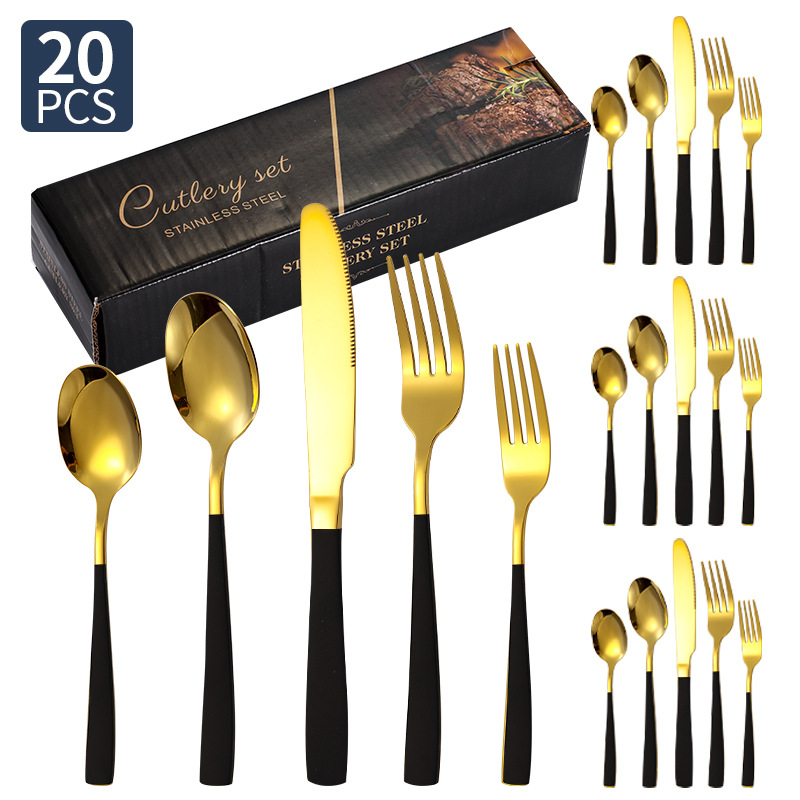 Transfronterizo Amazon cubiertos de acero inoxidable de mango cuadrado 20 / 24 / 30 piezas set cuchillo de filete de comida occidental tenedor cuchara set box