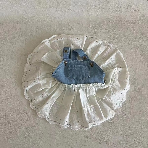 Korean Version Cute Baby and Toddler Clothing Soft Denim Patchwork Girls Spring Embroidered Bear Dress