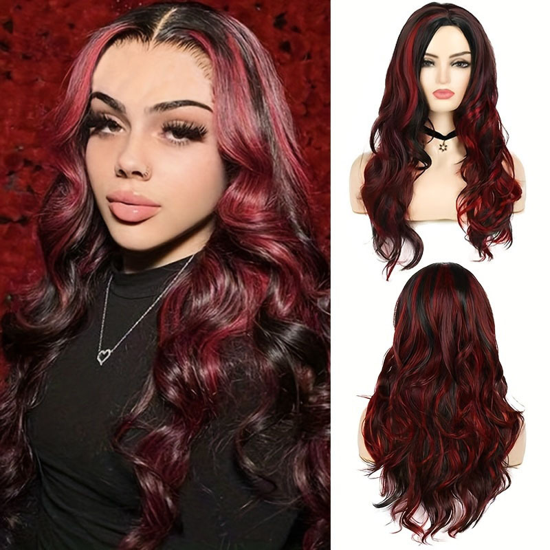 Red Highlights Wig for Women, Middle Part, Full Head Wig, Large Wavy Hair, Synthetic High-Temperature Fiber Wig, Wholesale