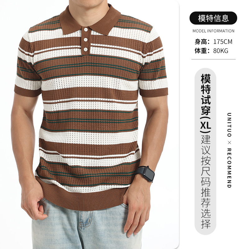 Polo de hielo de punto para hombres, rayas de contraste huecas transpirables, mangas cortas, ligeras, comerciales, casuales, alto nivel, Paul para hombres