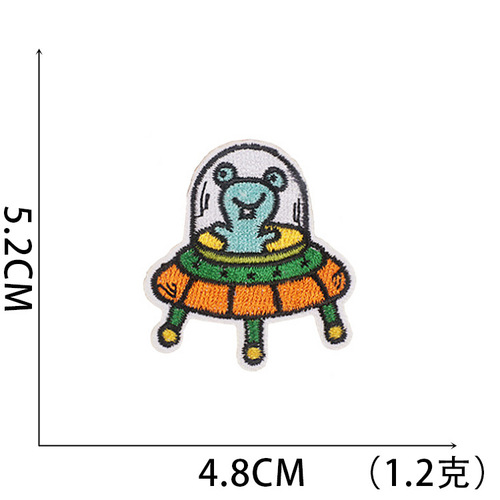 Spacecraft patch with alien astronaut embroidery badge, flying saucer design.