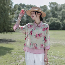 简梦苎麻小衫 2025夏季新款 新中式印花蕾丝下摆欧根纱上衣女9201