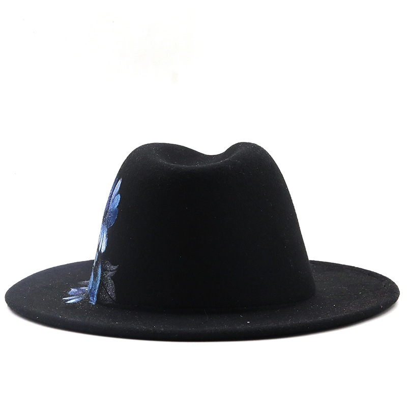 Vente En Gros Chapeau Haut De Forme En Laine À Bord Plat Motif Fleur Bleue Peint À La Main Nihaojewelry display picture 4