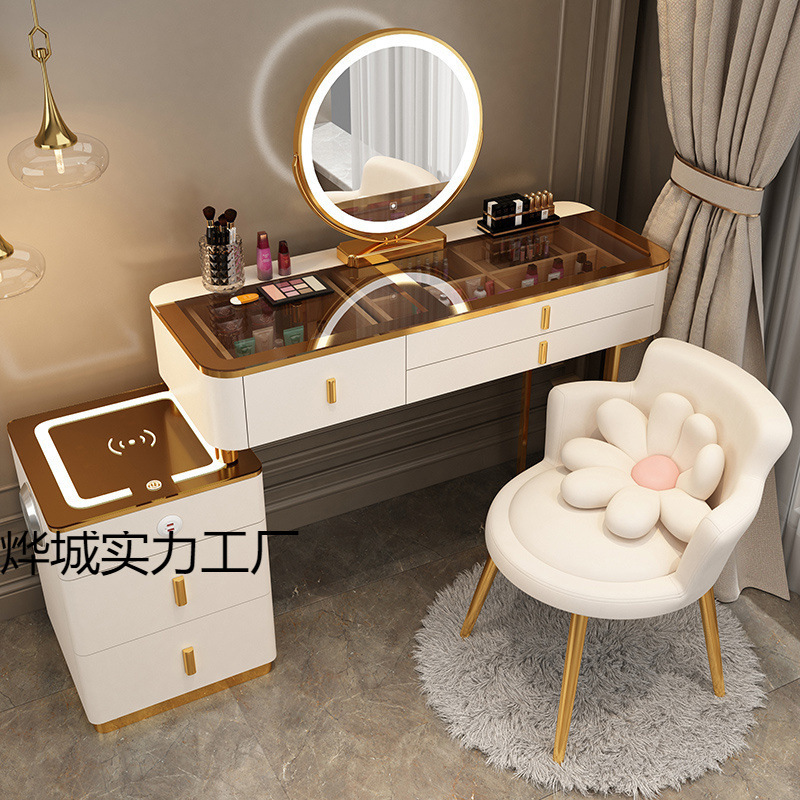 Smart Dressing Table with Wireless Charging, Light Luxury Nordic Bedroom Dressing Table, Modern Simple Multi-Functional Solid Wood Dressing Table