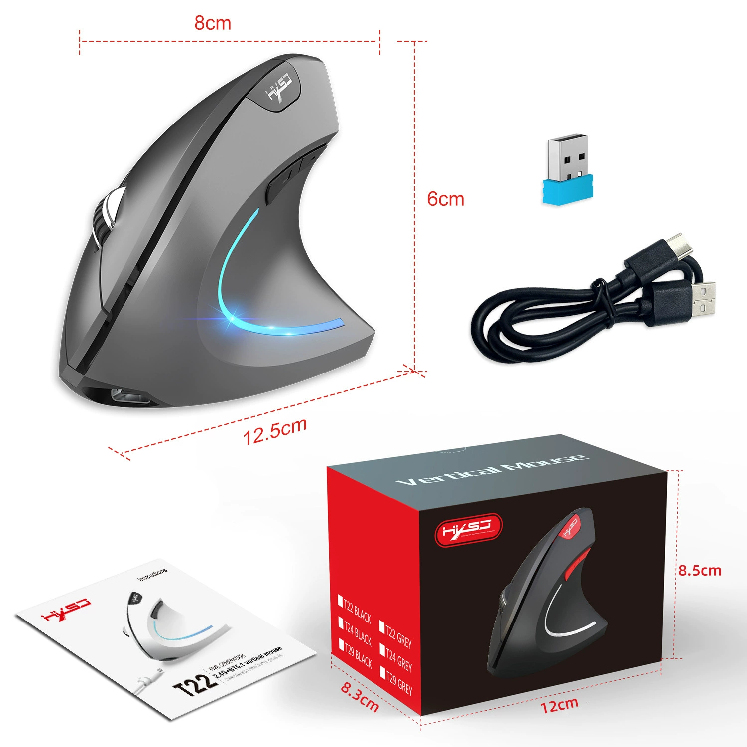 Вертикальная мышь T22, двухрежимная 2.4G+BT5.1, эргономичный бесшумный дизайн, Type-C 600 мА·ч