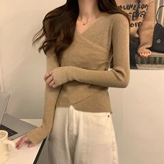 现货实价 早秋韩版v领修身交叉设计感上衣内搭打底针织衫女毛衣