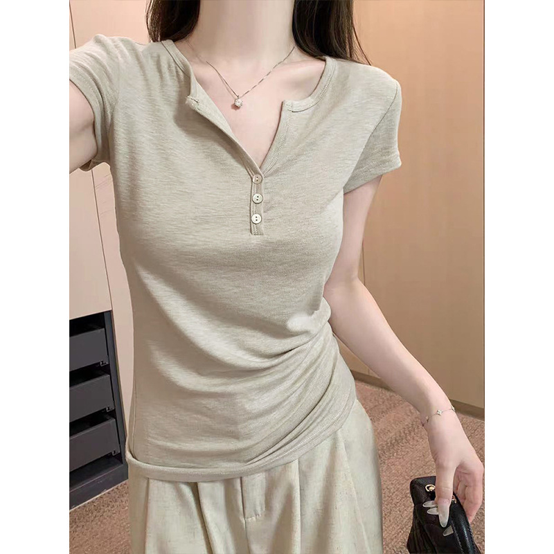 American-Style Spicy Girl Henley Collar Short-Sleeve T-Shirt for Women, Summer 2026 New Model, Unique and Beautiful, Slim-Fit and Flattering Top