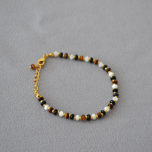 Murdered Western and European Blogger Style Tiger Eye Mother of Pearl and Black Onyx Bead Chain Necklace Clasp Chain Elegant Retro