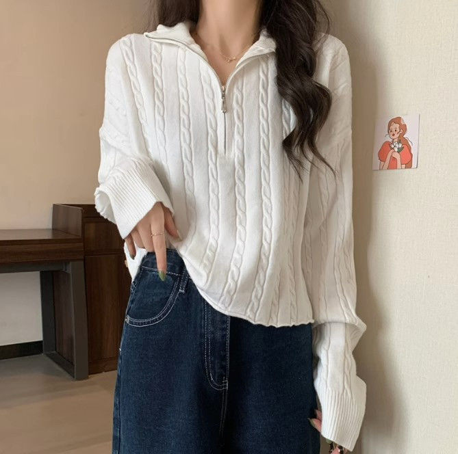 Maglione coreano a maniche lunghe con cerniera e scollo a V a mezza altezza, con fondo corto e piccolo, da donna, autunno_voghion.com