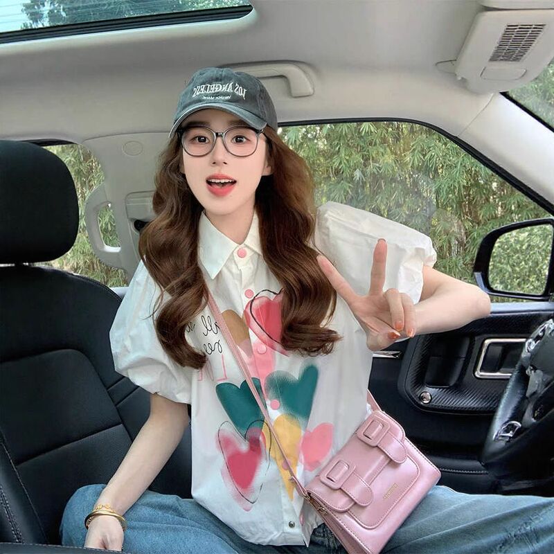 Summer Unique Puff Sleeve Design Shirt for Women Chic Korean Style Heart Graffiti Loose Fashion Versatile Top Trendy
