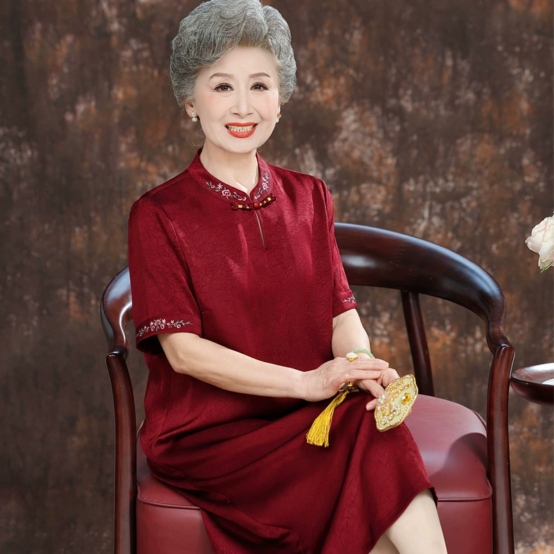 Летнее платье-чонсам средней длины бабушки для женщин, пожилых мам, летний стиль, свободная юбка большого размера с короткими рукавами