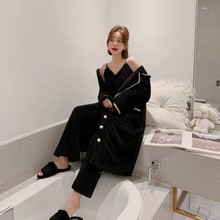 清仓睡衣女冬季保暖新品加厚双面绒外袍吊带长裤三件套现货家居服