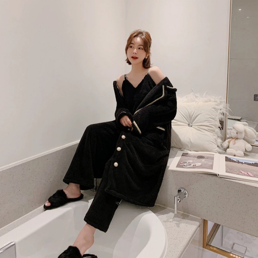 清仓睡衣女冬季保暖新品加厚双面绒外袍吊带长裤三件套现货家居服