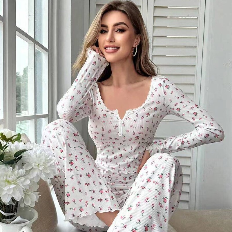 Hot-Selling New Printed Women's Loungewear Cross-Border Amazon European and American Pajamas V-Neck Casual Fashion Stretchy Long Pants
