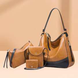 简约拼色2025新款手提包时尚潮流单肩斜跨女包包四件套软子母包