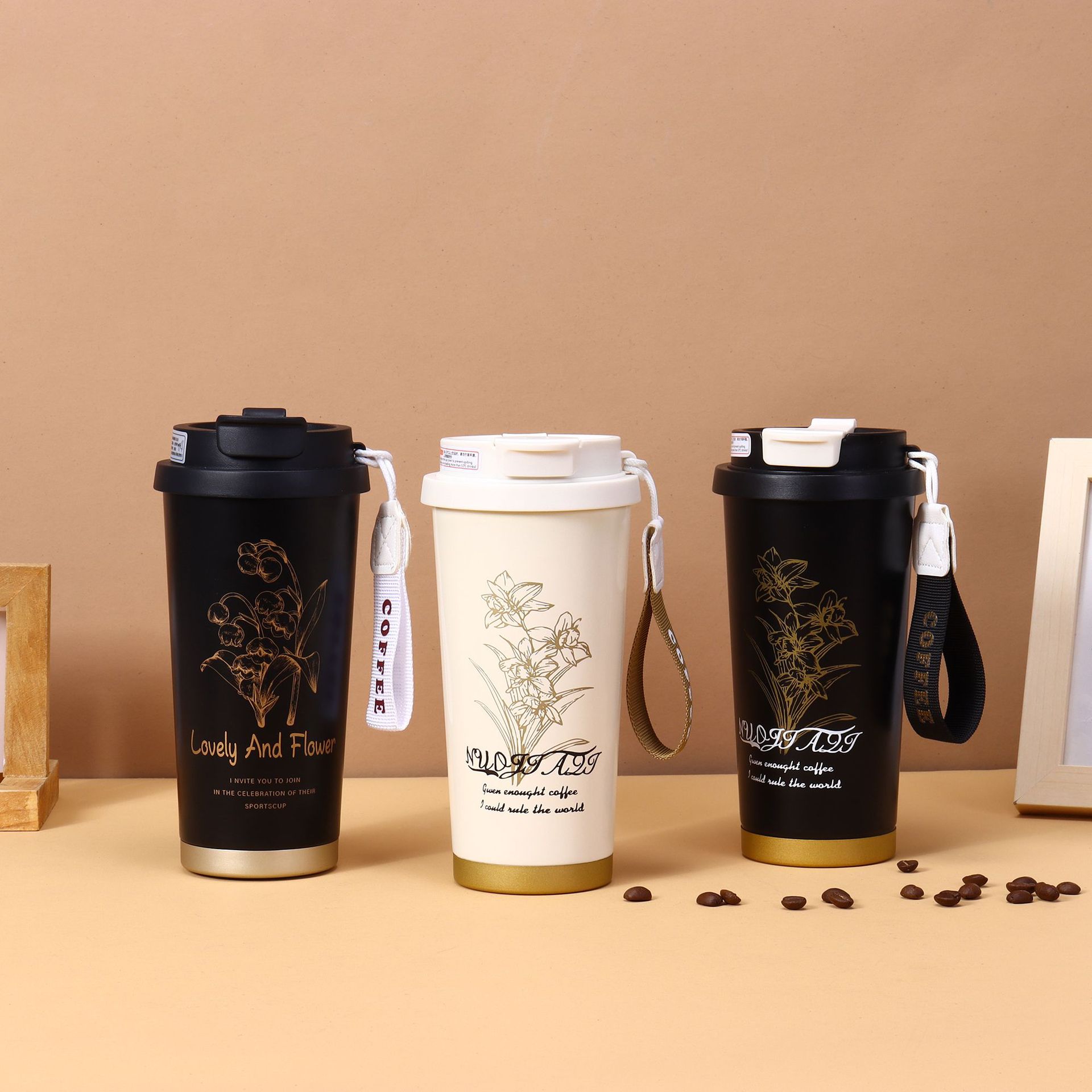 新款铃兰双饮咖啡杯316不锈钢双层真空保温杯户外便捷提绳随手杯