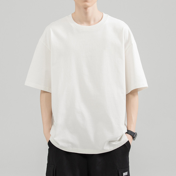 Solid cotton white short sleeve T-shirt for leisure