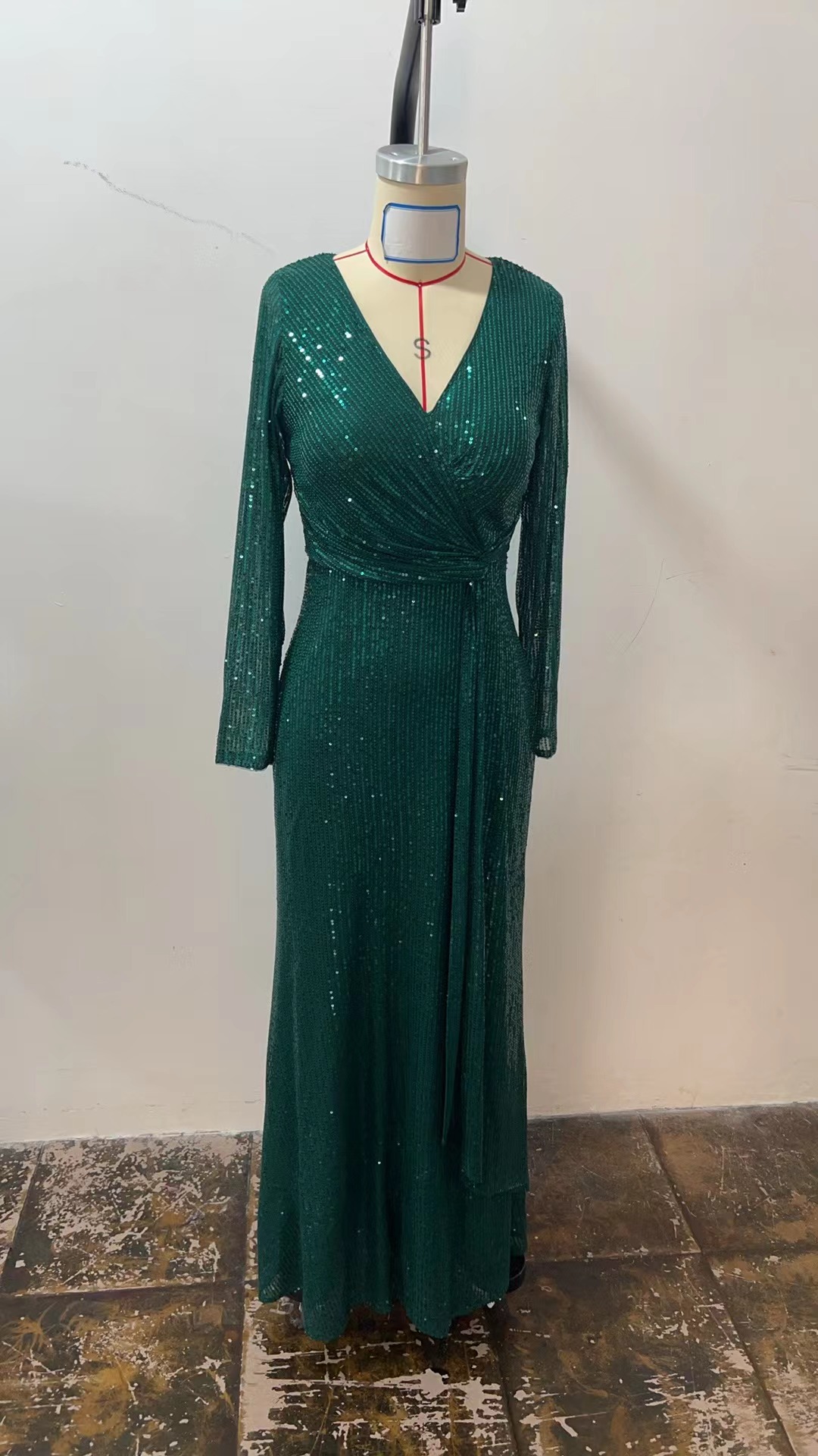 Elegantes Langarm Pailletten Abendkleid Für Damen Einfarbig_voghion.com