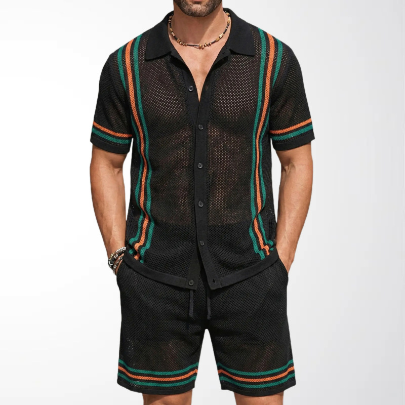 New Foreign Trade Men's Clothing Black Hollow-Out Knit Short-Sleeve Shorts Set Summer Sexy Mesh Two-Piece Set Sy0058