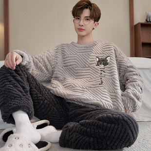 Autumn and Winter Coral Fleece Long Sleeve Pajamas Men's Youth Cartoon Tom Cat fleece-lined Thickened Flannel Warm suit