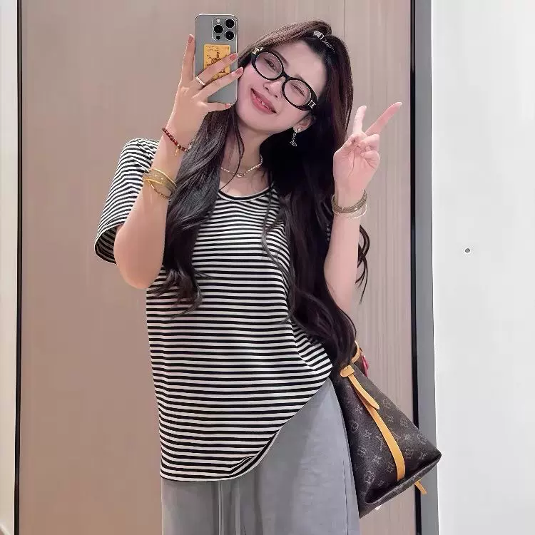 慵懒休闲服条纹小衫甜辣妹短袖体恤女ins宽松显瘦超轻柔软上衣