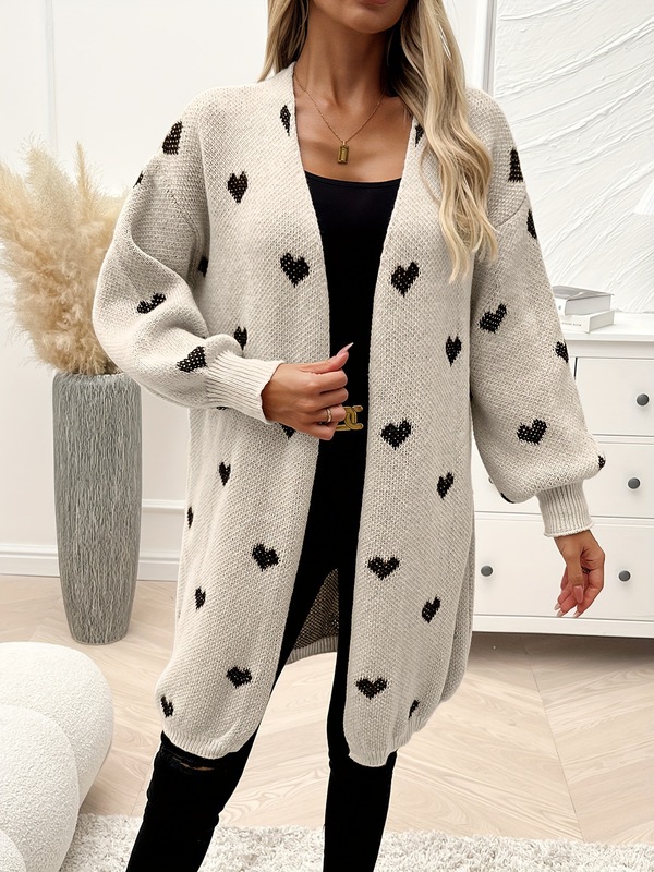 Cozy Heart Pattern Knitted Cardigan Soft Casual Long针织开衫|undefined