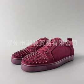cl andgz酒红色牛皮满钉低帮红底鞋男鞋系带铆钉鞋情侣款休闲板