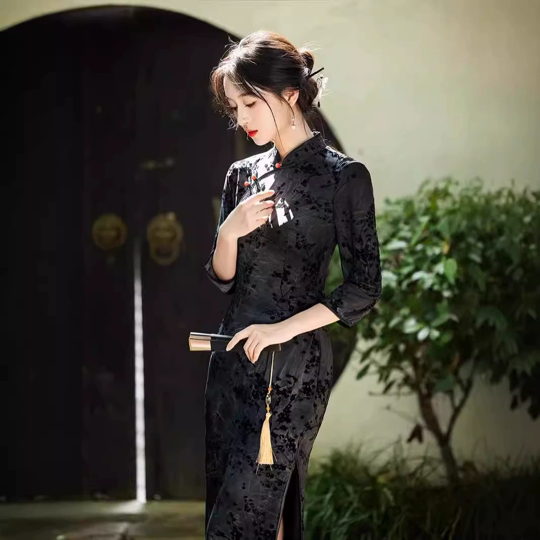 3189 новый cheongsam осенняя эластичная двухслойная бархатная ткань темпераментный стройный маленький длинный рукав