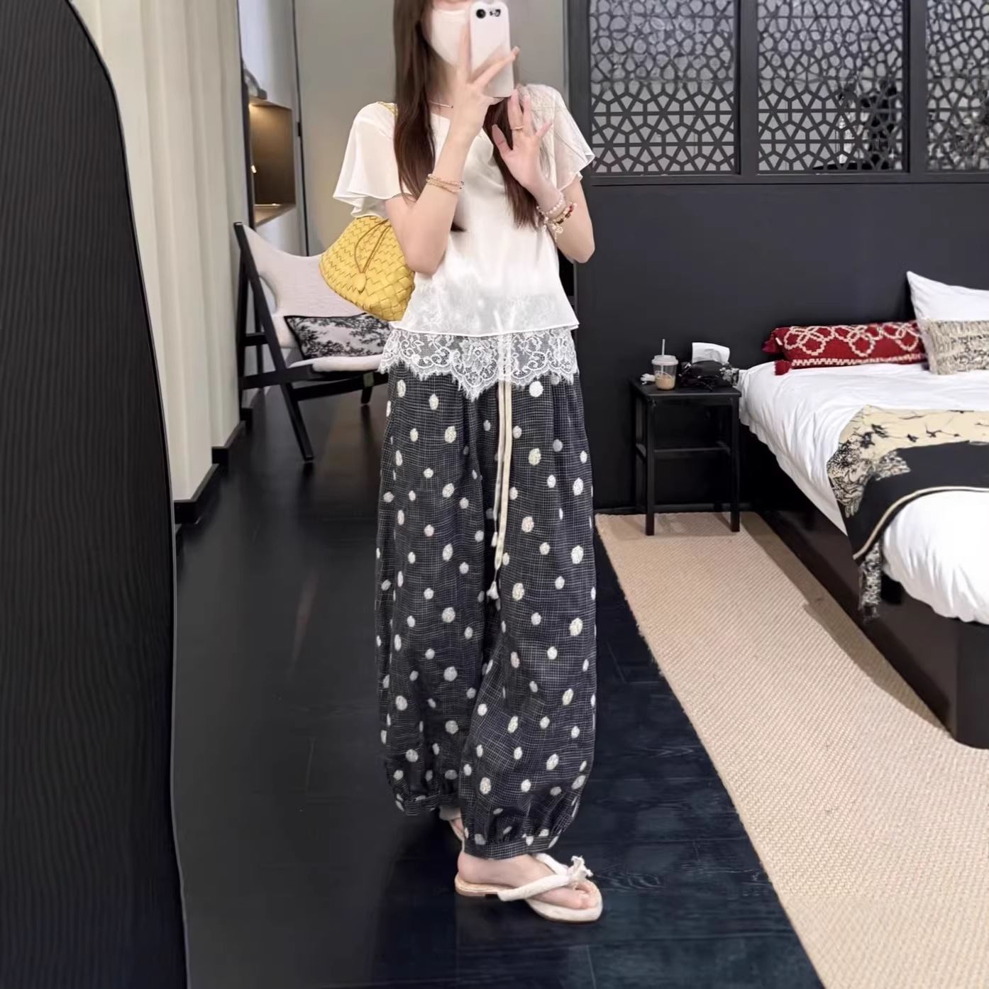 2026春夏自在品位 100%棉舒适棉刺绣波点阔腿裤休闲裤女