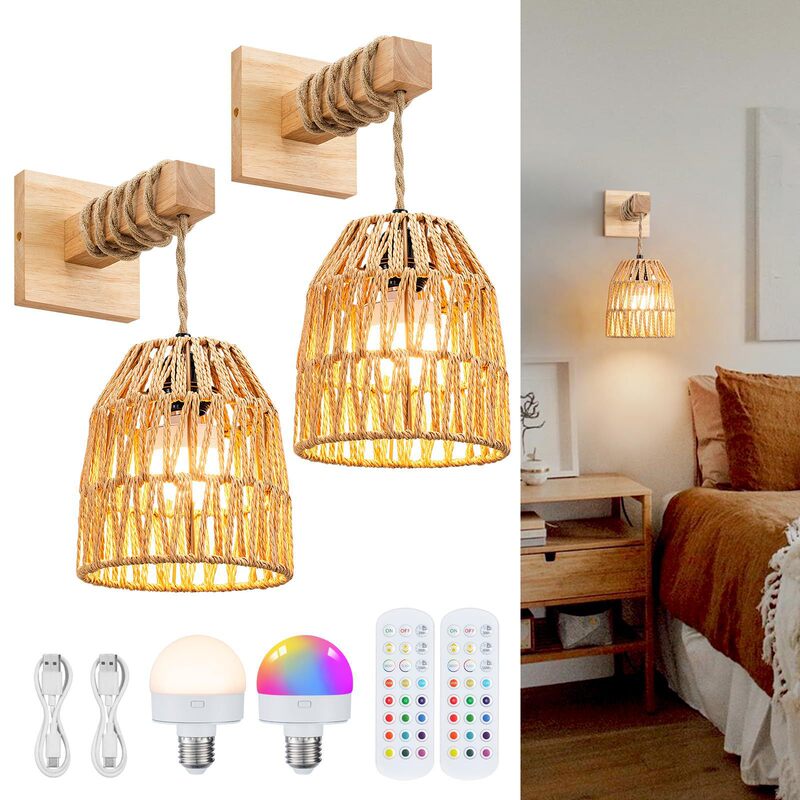 Cross-Border Creative Handmade Rattan Wall Lamp Bohemian Bedroom Bedside Rgb Charging Wiring-Free Wall Lamp Balcony Lamp