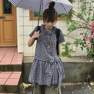 韩国甜美日系学院风减龄娃娃领复古格子蝴蝶结系带连衣裙女装新款