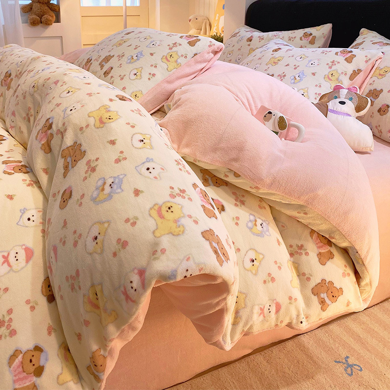 Cama de terciopelo de leche de cuatro piezas conjunto de 2025 coral terciopelo de coral sábanas calentadoras gruesas cubierta de edredón de cama de tres piezas conjunto de ropa de cama