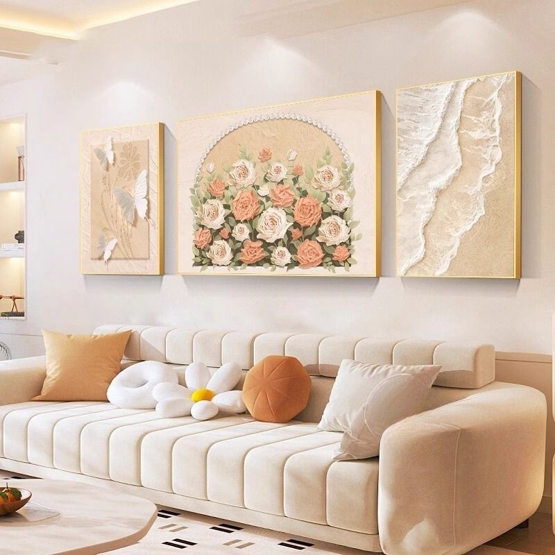 Cream Style Rose Living Room Decorative Painting High-End Floral Sofa Background Wall Hanging Painting French Triptych Combination Painting