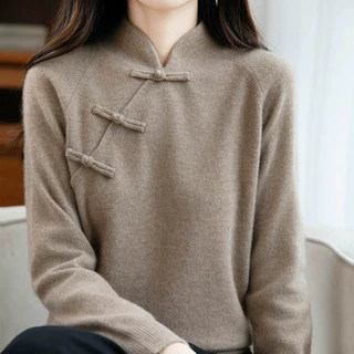 女式100纯羊毛衫立领毛衣秋冬新款中式国风盘扣设计针织内搭打底