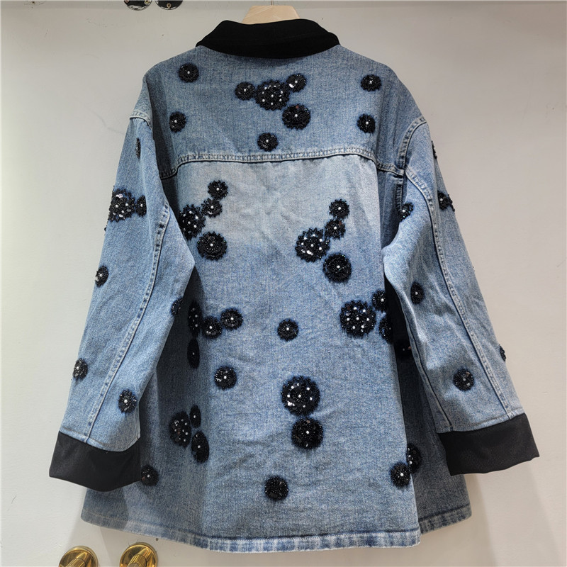 Colar de terciopelo de color de contraste pesado con chaqueta de vaqueros de diamante para mujeres 2026 nuevo suelto delgado retro hacer vieja camisa de manga larga