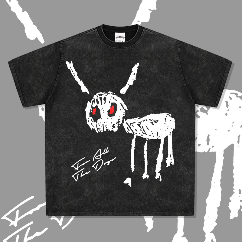 Cross-border Hip-hop DRAKE Printed Short-sleeved T-shirt Vintage Washed Heavy Cotton Crewneck Hooded Sweatshirt