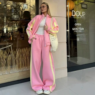 跨境女装撞色侧边条纹运动两件套女 立领拉链卫衣外套高腰宽松阔