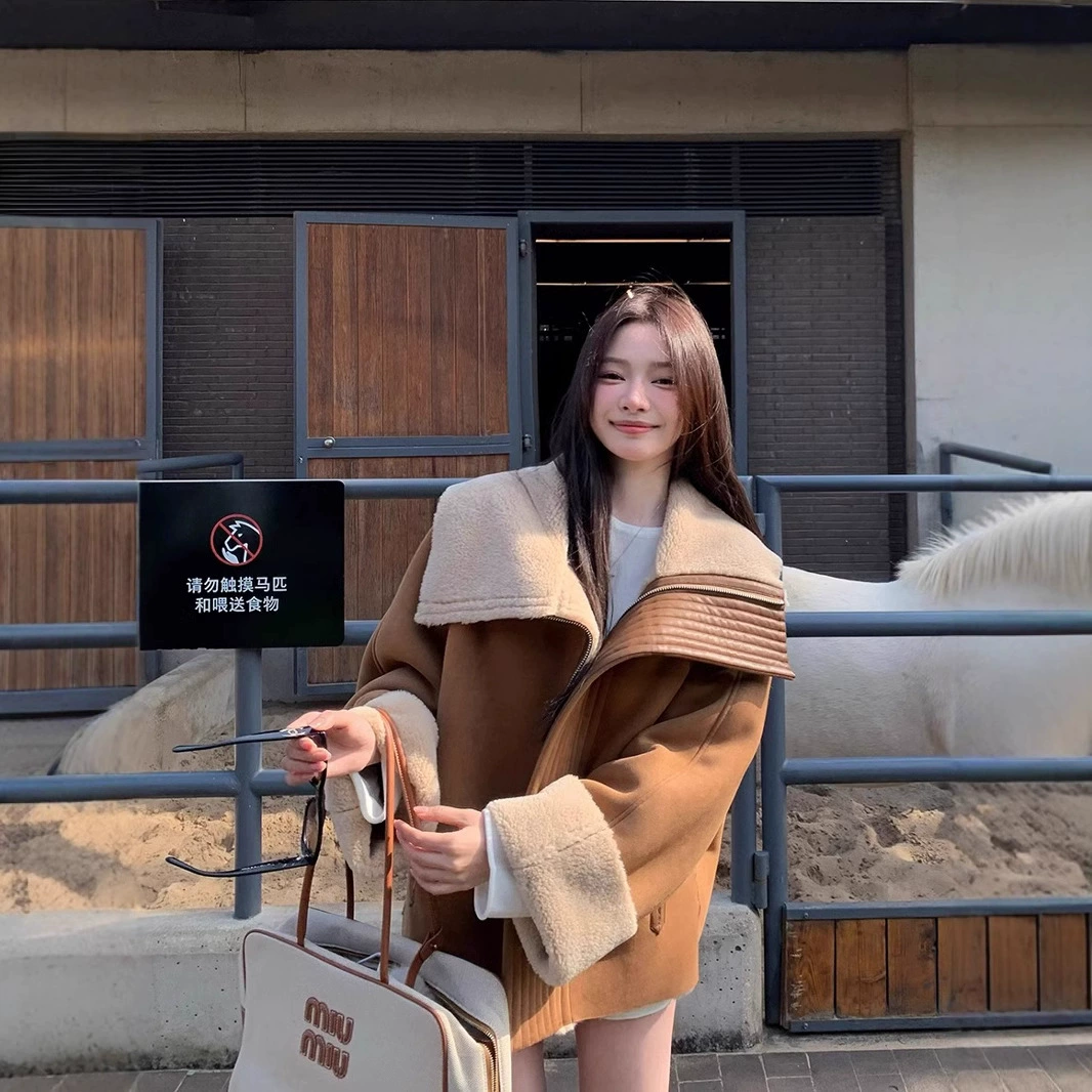 Большой отворот экологически чистый меховое пальто женский зимний ретро старый денежный ветер свободный дикий мотокостюм теплый топ