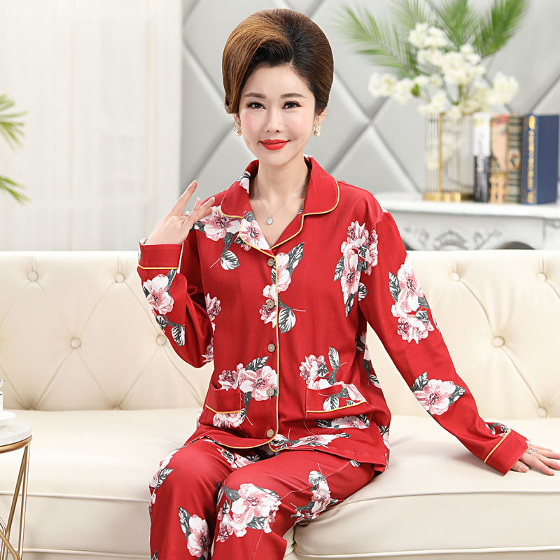 Pijamas de algodón 100% de manga larga para mujeres para madres de mediana edad primavera y otoño rojo más tamaño cardigan ropa para el hogar para el año de nacimiento