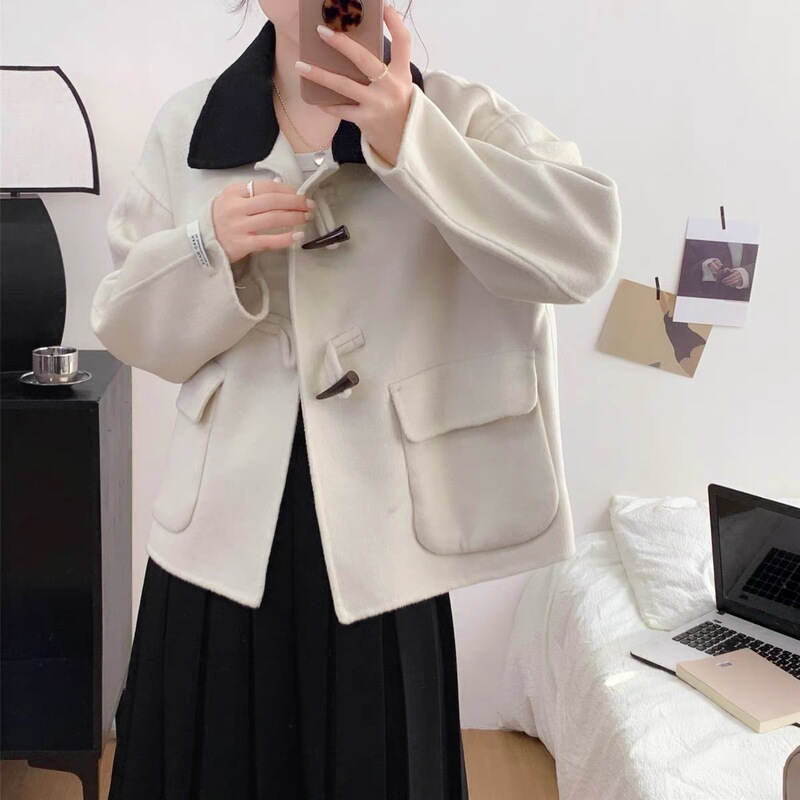 Big Sale Horn Button Contrast Collar Outwear Double-Sided Cashmere Short Style Small Autumn and Winter Korean Style High-End Outwear for Women