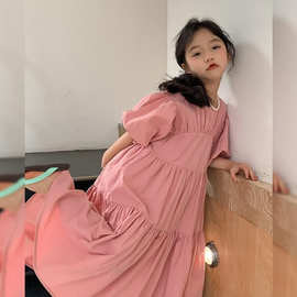 女童法式泡泡袖连衣裙2026新款中大童洋气公主裙复古风童裙长裙潮