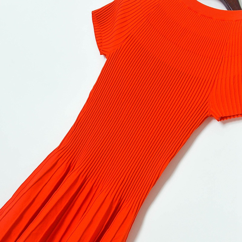 Damenbekleidung Sommer neues geripptes elastisches hohles Rundhals-Kurzarm-Strickrock-A-Linien-Kleid für Damen_voghion.com